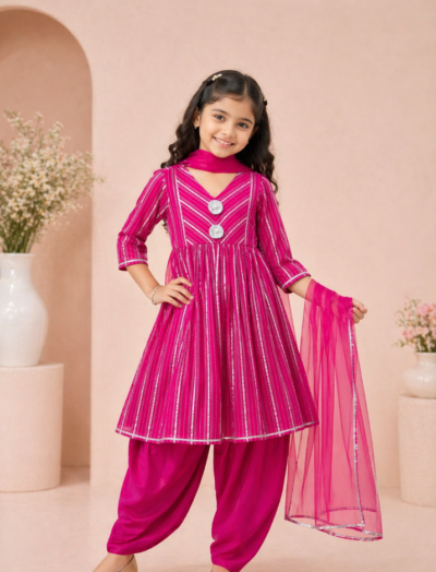 Mastarang Cotton Three Fourth Sleeves Kurti Salwar Set With Dupatta - Fuchsia