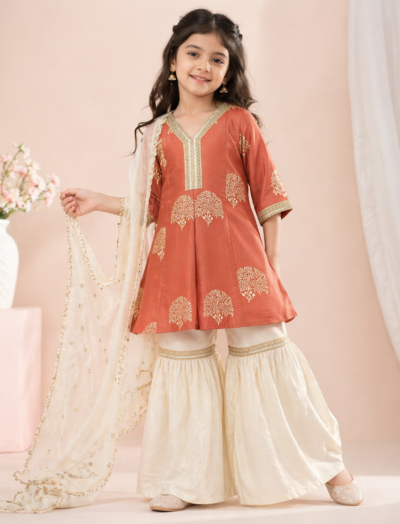 Mastarang Rayon Three Fourth Sleeves Kurti Sharara Set With Dupatta - Brown