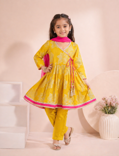 Mastarang Cotton Three Fourth Sleeves Peplum Kurti Pant Set With Dupatta - Mustard