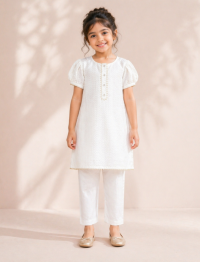 Mastarang Cotton Half Sleeves Kurti Pant Set - White