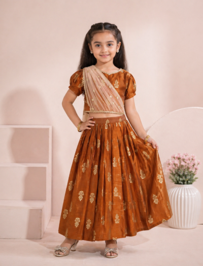 Mastarang Chanderi Flared Half Sleeves Choli Lehenga Set With Attached Dupatta - Rust Orange