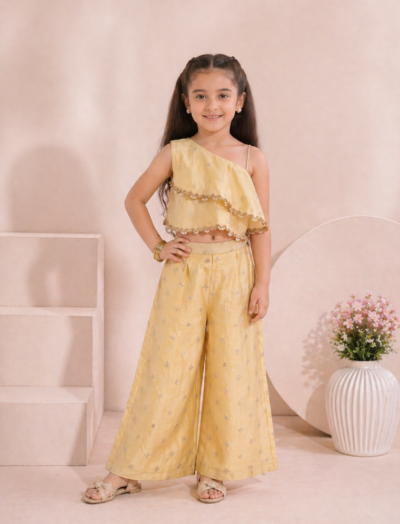 Mastarang Chanderi One Shoulder Flared Crop Top Palazzo Co-Ord Set - Yellow