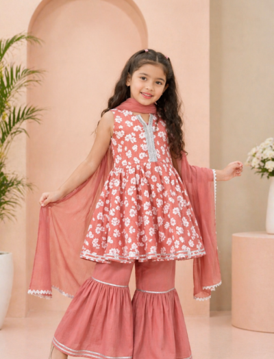 Mastarang Cotton Sleeveless Floral Print Kurti Sharara Set With Dupatta - Yellow