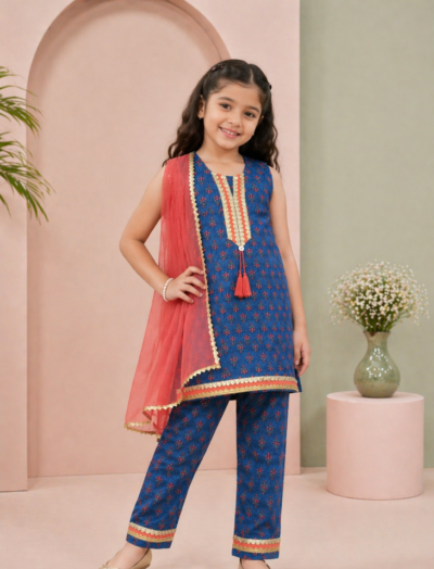 Mastarang Polyester Sleeveless Kurti Pant Set With Dupatta - Blue