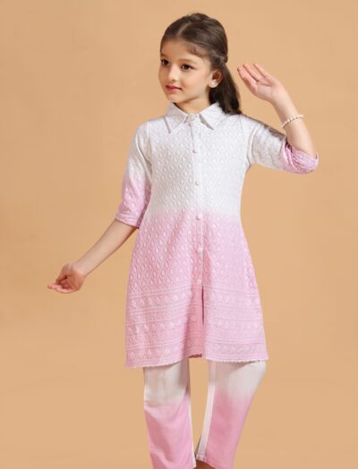 Mastarang Rayon Three Fourth Sleeves Tie and Dye Kurti Bottom Set  - Pink