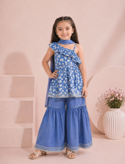 Mastarang Cotton Sleeveless Floral Print Kurti Sharara Set With Dupatta - Blue