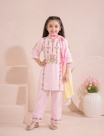 Mastarang Muslin Three Fourth Sleeves Floral Embroidered Kurti Bottom Set With Dupatta - Pink