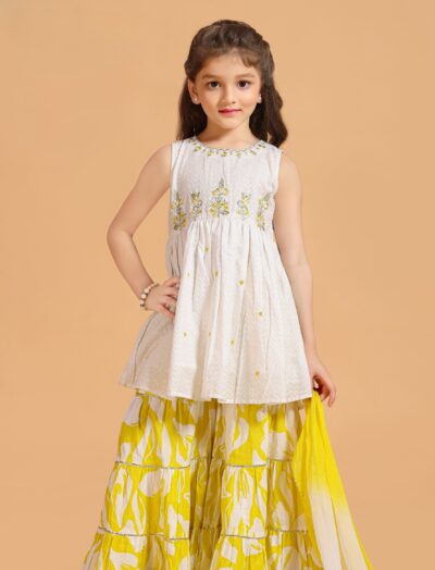 Mastarang Cotton Sleeveless Floral Embroidered Kurti Gharara Set With Dupatta - Yellow