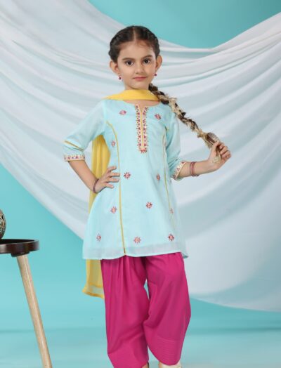 Mastarang Poly Three Fourth Sleeves Floral Embroidered Kurti Farsi Salwar Set With Dupatta - Sky Blue