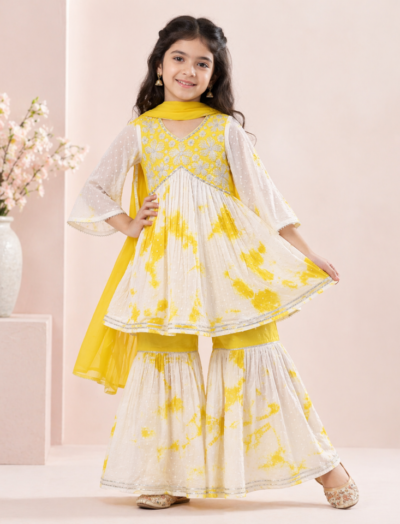 Mastarang Cotton Three Fourth Sleeves Floral Embroidered Kurti Sharara Set With Dupatta - Yellow