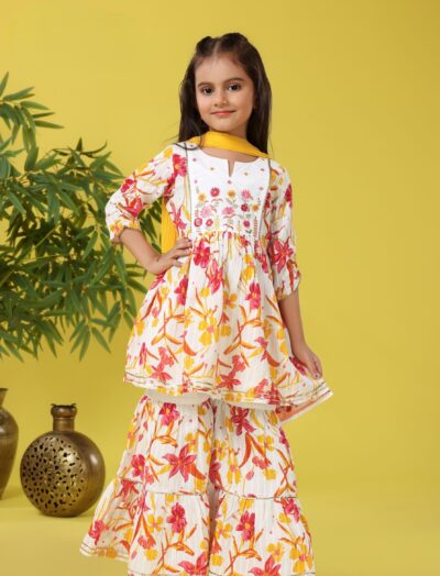 Mastarang Cotton Three Fourth Sleeves Floral Embroidered Kurti Gharara Set With Dupatta - Off White