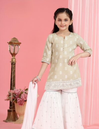 Mastarang Cotton Three Fourth Sleeves Floral Embroidered Kurti Sharara Set With Dupatta - Beige