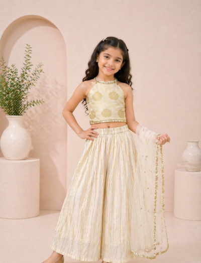 Mastarang Blended Sleeveless Choli Ghagara Set With Dupatta - OffWhite