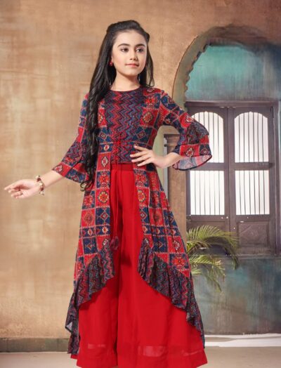 Mastarang Polyster Sleeveless Kurti  Palazzo Set With Shrug - Red