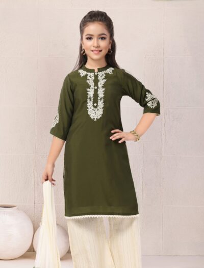 Mastarang Roman Silk Woven Three Fourth Sleeves Floral Embroidered Kurti Bottom Set With Dupatta Dress for Girls