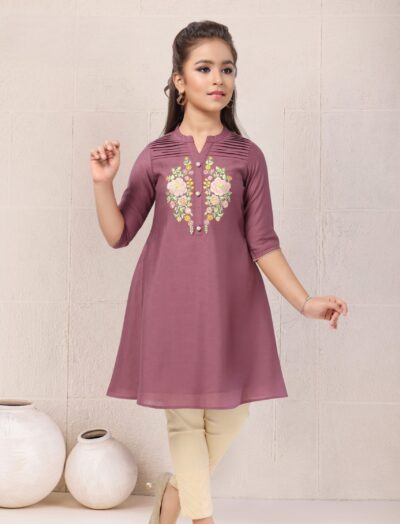 Mastarang Poly Dobby Three Fourth Sleeves Floral Embroidered Kurti Bottom Set Dress for Girls