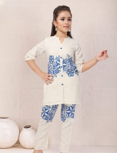 Mastarang Poly Blend Slub Three Fourth Sleeves Printed Kurti Bottom Set Dress for Girls