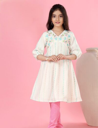 Mastarang Natural Flax Three Fourth Sleeves Floral Embroidered Kurti Bottom Set Dress for Girls