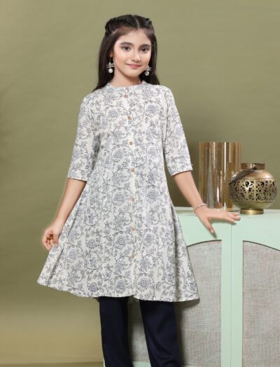 Mastarang Natural Flax Three Fourth sleeves Printed Kurti Bottom Set Dress for Girls