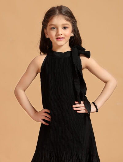 Mastarang Solid Aline Pleated Dress with Tie Up at Neck - Black