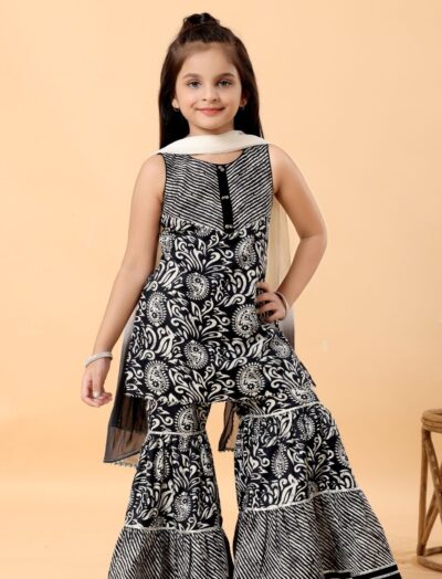 Mastarang Girls Flared Sharara with Ghungroo Yoke and Dupatta - Black
