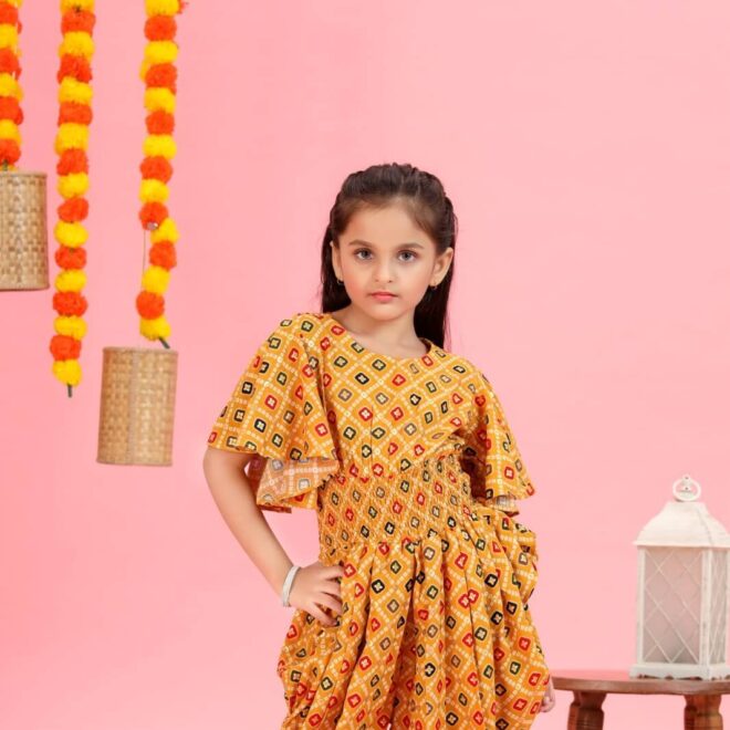 Mastarang Polyester Flared Sleeves Printed Ethnic Motif Jumpsuit Mustard