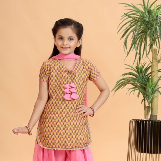 Mastarang Cotton Half Sleeves Floral Print Farsi Salwar Kurta Mustard