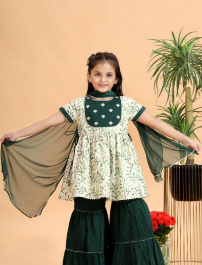 Mastarang Blended Fabric Half Sleeves Printed Kurta with Yoke Embroidery and Tiered Sharara Green