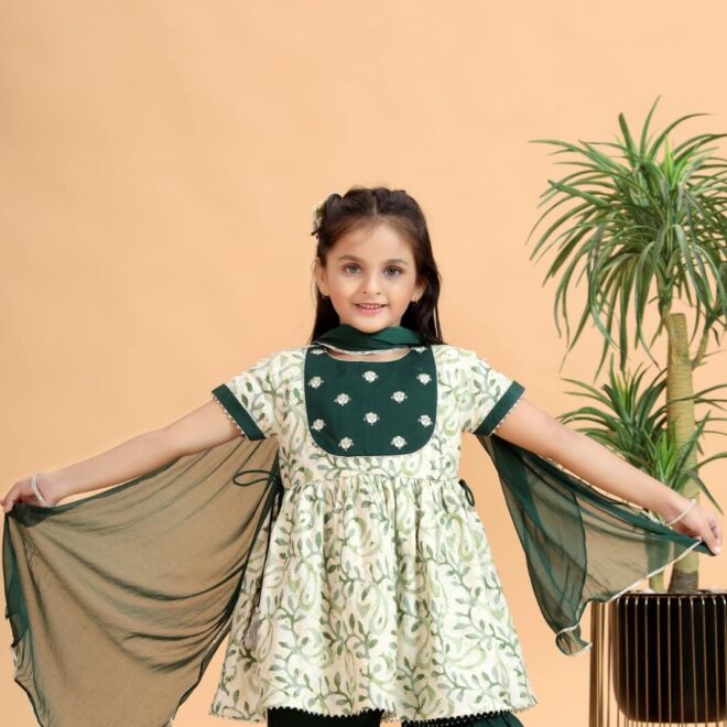 Mastarang Blended Fabric Half Sleeves Printed Kurta with Yoke Embroidery and Tiered Sharara Green