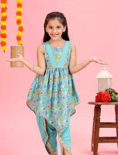 Mastarang Polyester Sleeveless Printed Aysmetrical Kurta with Dhoti Aqua