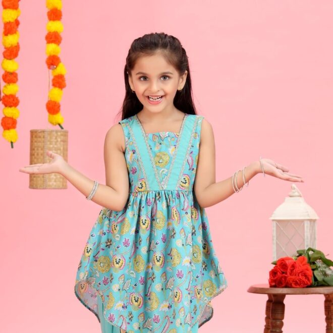 Mastarang Polyester Sleeveless Printed Aysmetrical Kurta with Dhoti Aqua