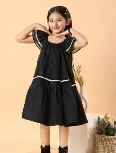 Mastarang Polyester Blended Woven Cap Sleeves Flared Frock - Black