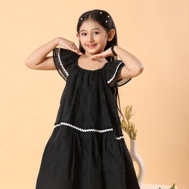 Mastarang Polyester Blended Woven Cap Sleeves Flared Frock - Black
