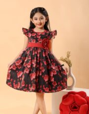 Mastarang Polyester Blended Woven Frill Sleeves Flared Printede Frock - Black