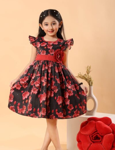 Mastarang Polyester Blended Woven Frill Sleeves Flared Printede Frock - Black