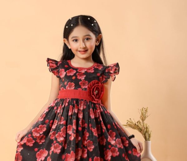 Mastarang Polyester Blended Woven Frill Sleeves Flared Printede Frock - Black