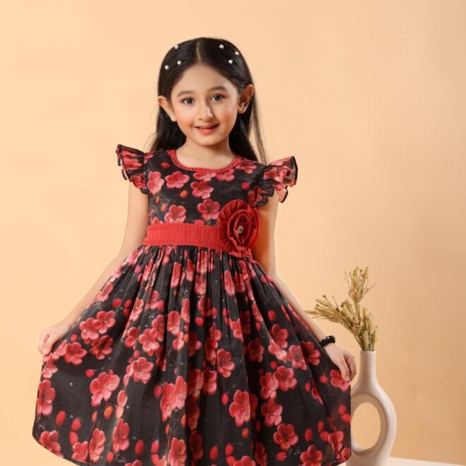 Mastarang Polyester Blended Woven Frill Sleeves Flared Printede Frock - Black
