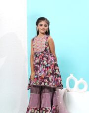 Mastarang Blended Fabric Embroidered Yoke Flared Kurti with Gharara Set - Wine