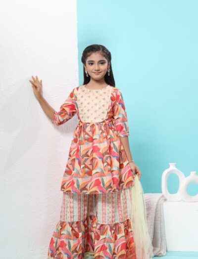 Mastarang Blended Fabric Embroidered Yoke Flared Kurti with Gharara Set - Multi Color