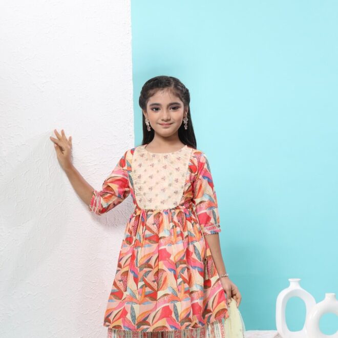 Mastarang Blended Fabric Embroidered Yoke Flared Kurti with Gharara Set - Multi Color