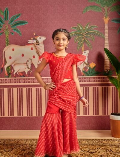 Red lehariya print ready to wear saree
