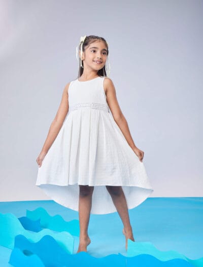 High low hem sleeveless dress with mirror lace at waist