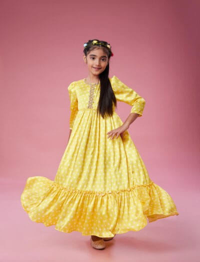 Ethnic long satin gown with pearl lace at neckline