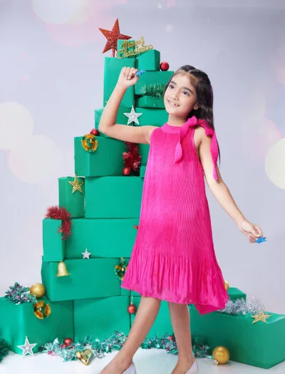 Pleated aline dress with tie up bow at neckline
